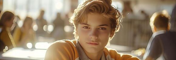 A boy with a blonde hair is looking at the camera photo