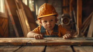 A little boy wearing a hard hat and overalls sits on a table photo
