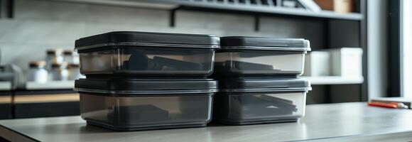 Three black plastic containers stacked on top of each other photo