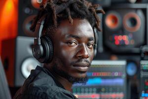 A man with dreadlocks in a recording studio photo