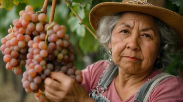 An older woman is holding a bunch of grapes photo