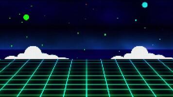 80s - 90s Retro Sci-Fi Background, pixel art 8 bit game style. surface futuristic digital cyberpunk with neon wireframe grid landscape. video