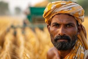 A man in a turban stands in a field of wheat photo