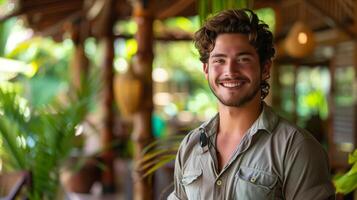 A man with a smile is standing in front of a tree photo