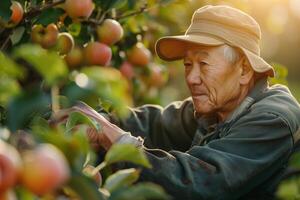An elderly man picking apples from an apple tree photo