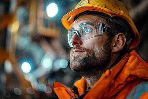 A man in an orange jacket and safety glasses photo