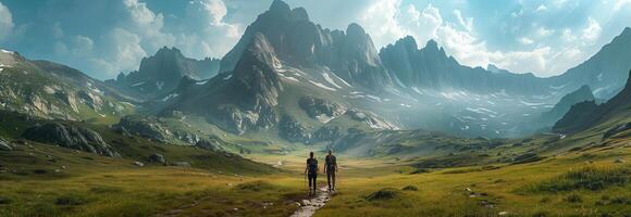 A man standing on a path in front of mountains photo