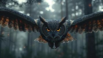 An owl flying through the forest with its wings spread photo