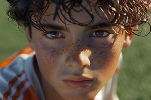 A close up of a young boy with freckles photo