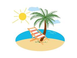Tropical beach scene with palm tree, sun lounger and ocean view vector
