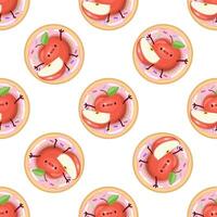 Seamless pattern with cute apple characters on donuts in flat style on white background vector