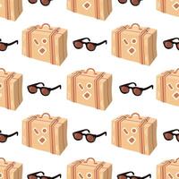 Seamless pattern with travel suitcase and sunglasses in flat style on white background vector