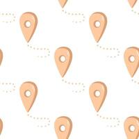 Seamless pattern with beige location pins and dotted travel path in flat style on white background vector