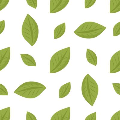 Seamless pattern with green tropical leaves in flat style on white background