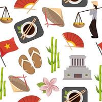 Seamless pattern with traditional Vietnamese symbols and cultural elements on white background vector