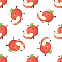 Seamless pattern with cute red apple characters in flat style on white background vector