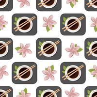 Seamless pattern with soy sauce, chopsticks and lotus flowers on white background, modern illustration vector