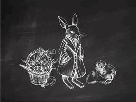 Hand drawn Easter bunny, chick and basket with eggs on chalkboard background vector