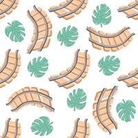 Seamless pattern with curved railway tracks and monstera leaves in flat style on white background vector