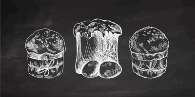 Hand drawn chalkboard Easter cakes with icing and eggs on chalkboard background vector