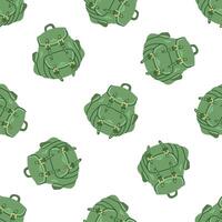 Seamless pattern with green travel backpacks in flat style on white background vector