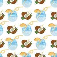 Seamless pattern with coconut cocktail and tropical fruit in flat style on white background vector