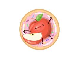 Cute apple character on a pink donut with sprinkles vector