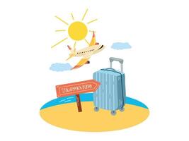 Travel illustration with airplane, suitcase, and signpost in flat style on white background vector