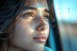 A woman looking out the window of a car photo