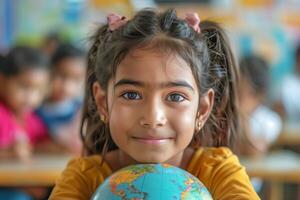 A young girl holding a globe in front of her photo