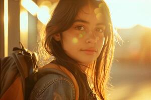 A young woman with a backpack and a smile photo