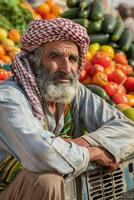 A man sitting in front of a pile of vegetables photo