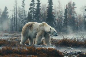 A polar bear walking through a foggy forest photo