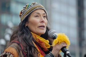 A woman wearing a hat and holding a microphone photo