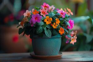 A potted plant with colorful flowers sitting on a table photo