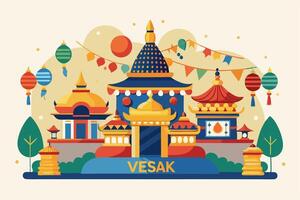 A colorful illustration of a temple with a pagoda vector