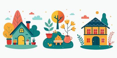 Three different houses with trees and plants vector