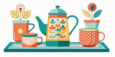 A colorful illustration of coffee pots and teapots vector