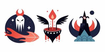 Three different designs of a demon, a witch and a castle vector