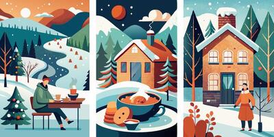 Winter landscape with people and house in the snow vector