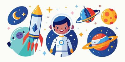 Cartoon space boy with rocket, planets and other objects vector