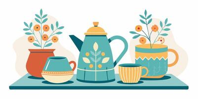 A colorful set of coffee pots and vases vector