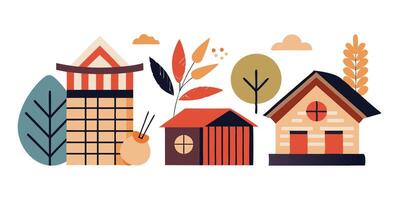 A colorful illustration of houses and trees vector