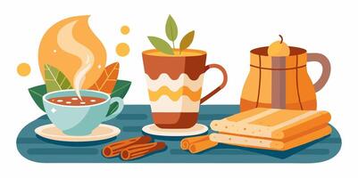 Hot drinks and food on a table vector