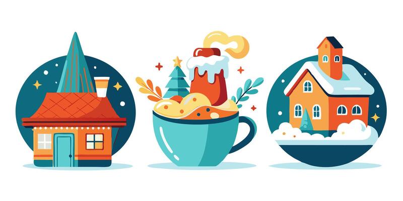 Three different types of christmas decorations, including a house, a cup and a cup of hot