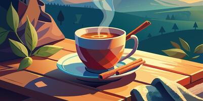 A cup of coffee and cinnamon sticks on a table vector