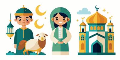 Islamic people with a mosque and a sheep vector