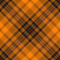 Faded check seamless, ethnic pattern tartan textile. Worn fabric texture plaid background in orange and black colors. vector