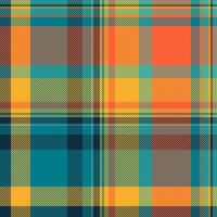 Indian texture check, cool fabric plaid textile. Basic background tartan pattern seamless in cyan and amber colors. vector