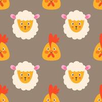 Children's seamless pattern with funny faces of a sheep, hen vector